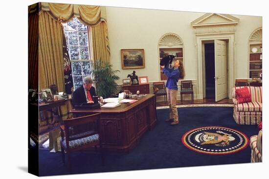 Chelsea Clinton Playing with Socks the Cat in the Oval Office-null-Stretched Canvas