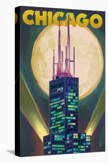 Chicago, Illinois - Willis Tower and Full Moon-Lantern Press-Stretched Canvas
