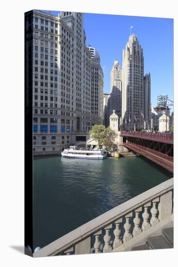 Chicago River and Dusable Bridge with Wrigley Building and Tribune Tower, Chicago, Illinois, USA-Amanda Hall-Premier Image Canvas