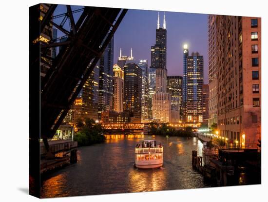 Chicago River and Skyline at Dusk with Boat-Alan Klehr-Premier Image Canvas