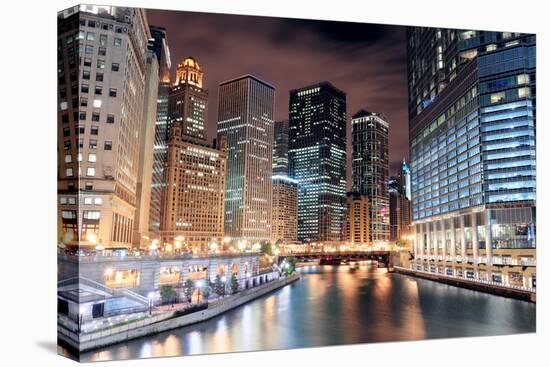 Chicago River Walk with Urban Skyscrapers Illuminated with Lights and Water Reflection at Night.-Songquan Deng-Premier Image Canvas