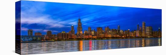 Chicago skyline with Cubs World Series lights night, Lake Michigan, Chicago, Cook County, Illino...-null-Stretched Canvas