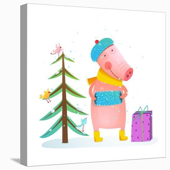 Childish Cheerful Little Pig in Winter Warm Clothes with Fur Tree and Birds. Colorful Cartoon for K-Popmarleo-Stretched Canvas