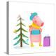 Childish Cheerful Little Pig in Winter Warm Clothes with Fur Tree and Birds. Colorful Cartoon for K-Popmarleo-Stretched Canvas