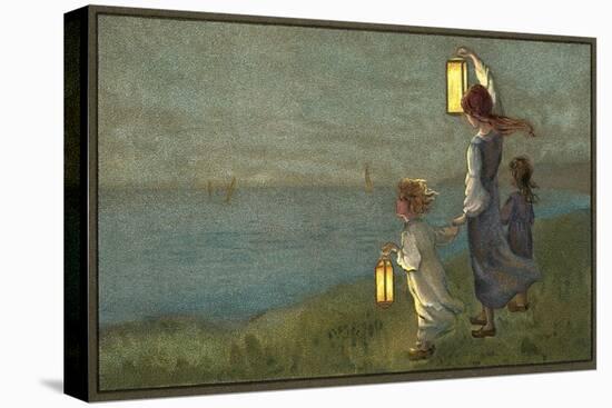 Children Signaling with Lanterns-null-Stretched Canvas