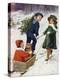 Children Taking Teddy for a Ride across the Snow-null-Stretched Canvas