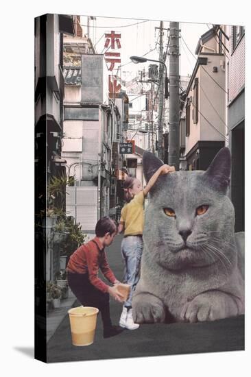 Children washing a giant Cat in Tokyo Streets-Florent Bodart-Premier Image Canvas