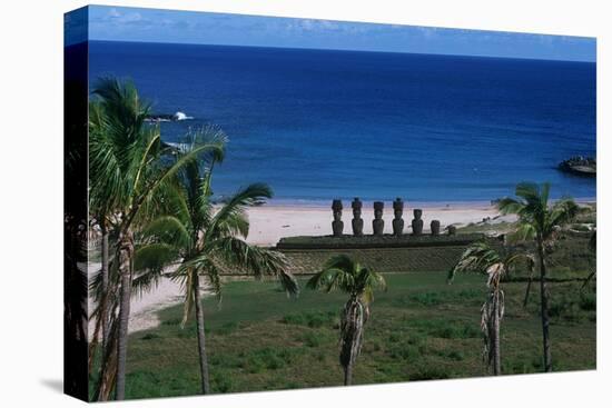 Chile, Easter Island, Rapa-Nui National Park, Anakena Bay, Ahu Nau Nau, Palm Trees and Moai Statues-null-Premier Image Canvas