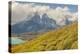 Chile, Patagonia. Lake Pehoe and The Horns mountains.-Jaynes Gallery-Premier Image Canvas