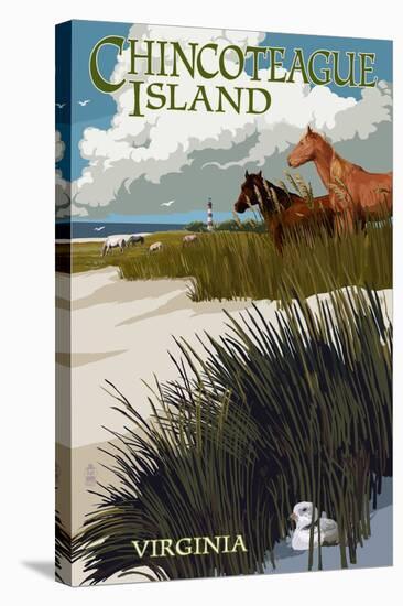 Chincoteague Island, Virginia - Horses and Dunes-Lantern Press-Stretched Canvas