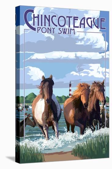 Chincoteague, Virgina - Pony Swim-Lantern Press-Stretched Canvas