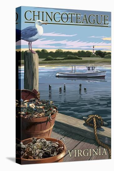 Chincoteague, Virginia - Blue Crab and Oysters on Dock-Lantern Press-Stretched Canvas