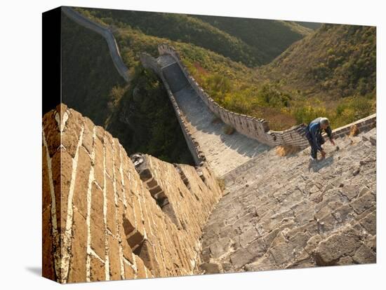 Chinese Man Climbs Great Wall of China, UNESCO World Heritage Site, Huanghuacheng (Yellow Flower) a-Kimberly Walker-Premier Image Canvas