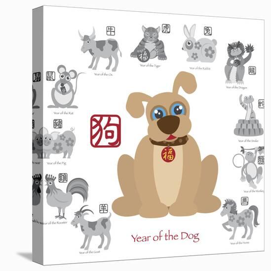 Chinese New Year Dog Color with Twelve Zodiacs Illustration-jpldesigns-Stretched Canvas