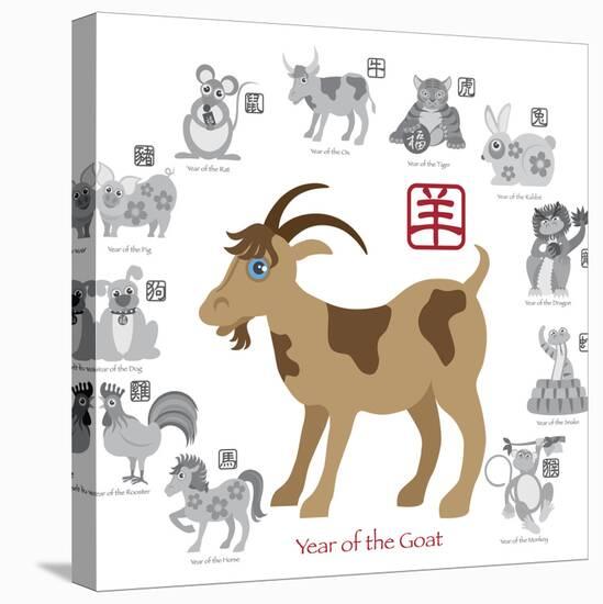 Chinese New Year Goat Color with Twelve Zodiacs Illustration-jpldesigns-Stretched Canvas