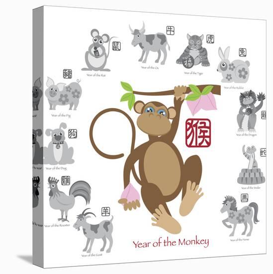 Chinese New Year Monkey Color with Twelve Zodiacs Illustration-jpldesigns-Stretched Canvas