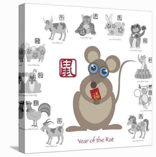 Chinese New Year Rat Color with Twelve Zodiacs Illustration-jpldesigns-Stretched Canvas