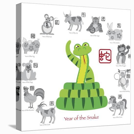 Chinese New Year Snake Color with Twelve Zodiacs Illustration-jpldesigns-Stretched Canvas
