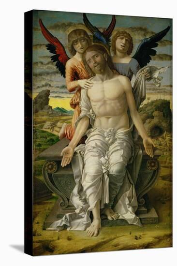 Christ as the Suffering Redeemer, seated on a sarcophagus, supported by two angels. 1490-Andrea Mantegna-Premier Image Canvas