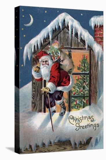 Christmas Greeting - Santa Climbing Out Window-Lantern Press-Stretched Canvas