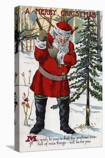 Christmas Greeting - Santa Cutting Down Christmas Tree-Lantern Press-Stretched Canvas