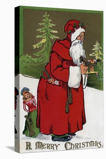 Christmas Greeting - Santa with Wood Horse-Lantern Press-Stretched Canvas