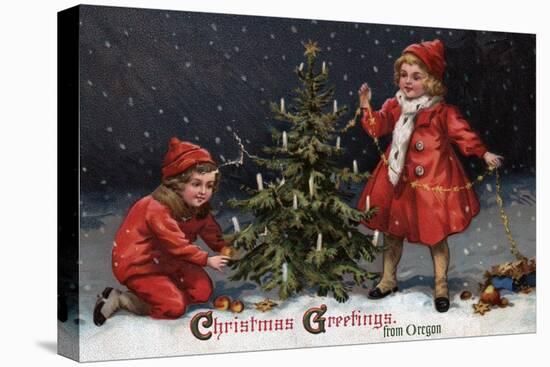 Christmas Greetings from Forest Grove, Oregon - Kids Decorating a Tree-Lantern Press-Stretched Canvas