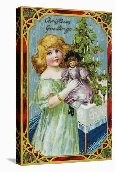 Christmas Greetings Postcard with a Girl and Doll-null-Premier Image Canvas