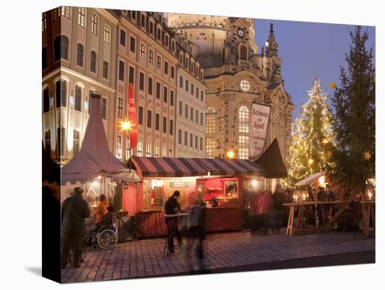 Christmas Market Stalls in Front of Frauen Church and Christmas Tree at Twilight, Dresden-Richard Nebesky-Premier Image Canvas