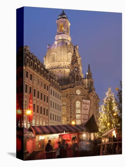 Christmas Market Stalls in Front of Frauen Church and Christmas Tree at Twilight, Dresden-Richard Nebesky-Premier Image Canvas