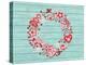 Christmas Wreath with Red and White Stylized Nordic Christmas Decorations on Blue Painted Wooden Bo-SMSka-Stretched Canvas