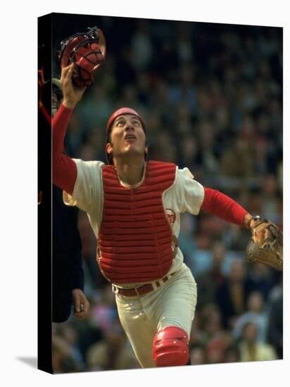 Cincinnati Reds Catcher Johnny Bench Catching Pop Fly During Game Against San Francisco Giants-John Dominis-Premier Image Canvas