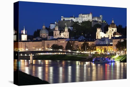 City at Night of Salzach River with Churches of Salzburg and Hohensalzburg Fortress, Austria-Julian Castle-Stretched Canvas