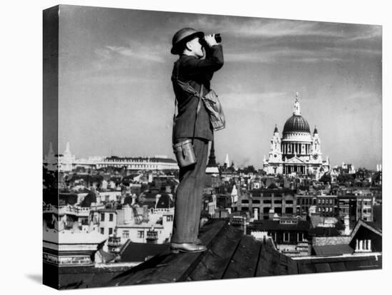 Civilian Aircraft Spotter Using Binoculars to Patrol Skies from Rooftop During the Days of Blitz-null-Premier Image Canvas