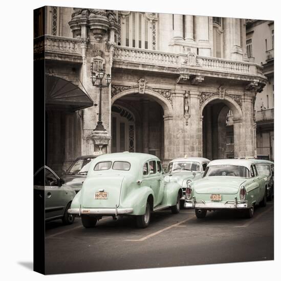 Classic American Cars in Front of the Gran Teatro, Parque Central, Havana, Cuba-Jon Arnold-Premier Image Canvas