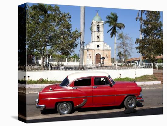 Classic Red American Car Parked By the Old Square in Vinales Village, Pinar Del Rio, Cuba-Lee Frost-Premier Image Canvas