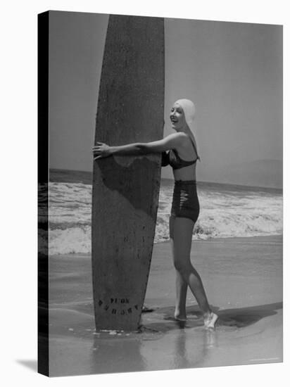 Claudette Colbert in White Swim Cap and Two Piece Bathing Suit on Santa Monica Beach-Peter Stackpole-Premier Image Canvas