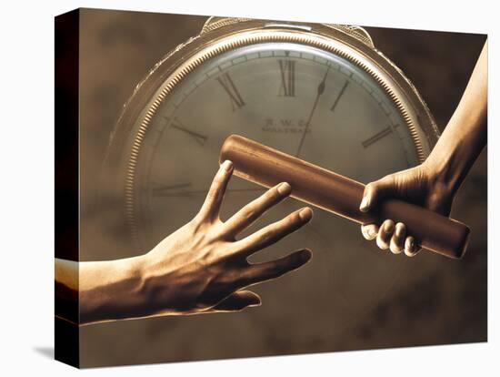 Close Up of Two Runners Hands Passing the Baton in Relay Race in Front of Old European Clock Face-null-Premier Image Canvas