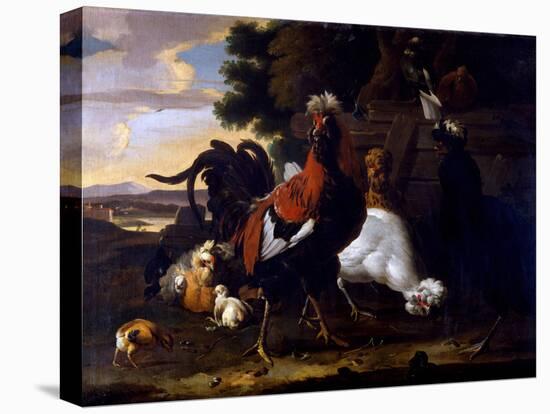 Cockerel, Hens and Chicks by a Fence in a Wooded Landscape-Melchior de Hondecoeter-Premier Image Canvas