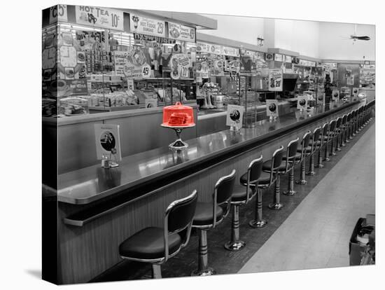 Color Pop,1950s 1960s INTERIOR OF LUNCH COUNTER WITH CHROME STOOLS, Living Coral-null-Premier Image Canvas