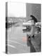 Color Pop,1950s WOMAN IN RAIN COAT HAT BOOTS HOLDING UMBRELLA CROSSING CITY STREET-null-Premier Image Canvas