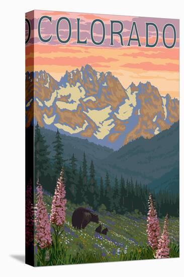 Colorado - Bears and Spring Flowers-Lantern Press-Stretched Canvas