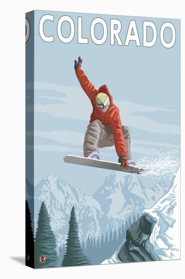 Colorado, Snowboarder Jumping-Lantern Press-Stretched Canvas