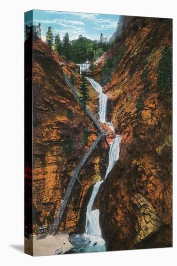 Colorado Springs, Colorado - South Cheyenne Canyon, Seven Falls View-Lantern Press-Stretched Canvas