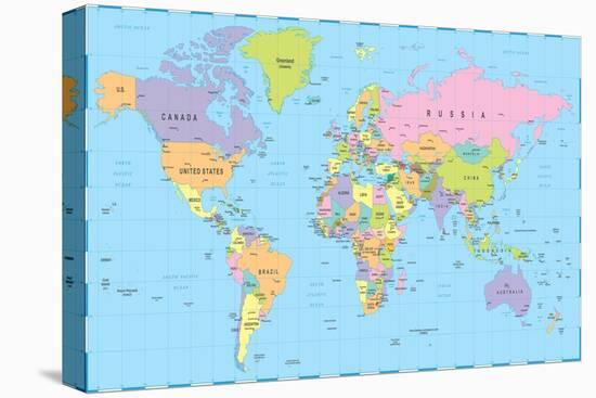 Colored World Map - Borders, Countries and Cities - Illustration-dikobraziy-Stretched Canvas