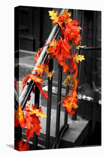 Colorful Autumn Leaves on Railing-null-Stretched Canvas