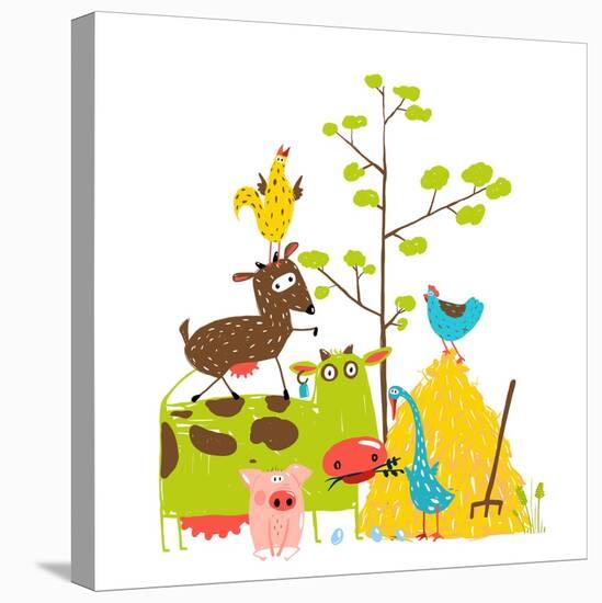 Colorful Funny Cartoon Farm Domestic Animals Pyramid Composition Card. Countryside Cottage Animals-Popmarleo-Stretched Canvas