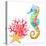 Colorful Seahorse, Red Coral and Starfish, Watercolor.-Elena Sapegina-Premier Image Canvas