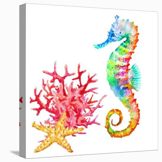Colorful Seahorse, Red Coral and Starfish, Watercolor.-Elena Sapegina-Premier Image Canvas
