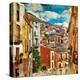 Colorful Spain - Streets And Buildings Of Cuenca Town - Artistic Picture-Maugli-l-Stretched Canvas
